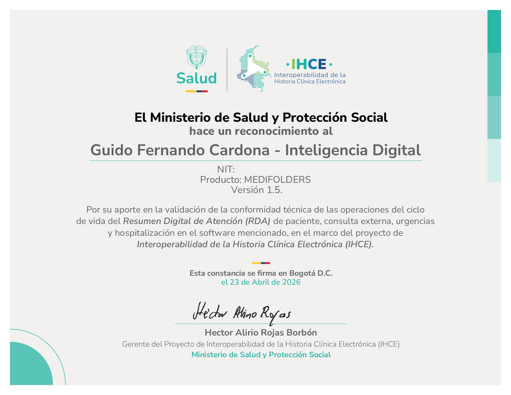 NUESTRO SISTEMA DE HISTORIA CLÍNICA, OBTIENE EL AVAL DEL MINISTERIO DE SALUD PARA LA INTEROPERABILIDAD
